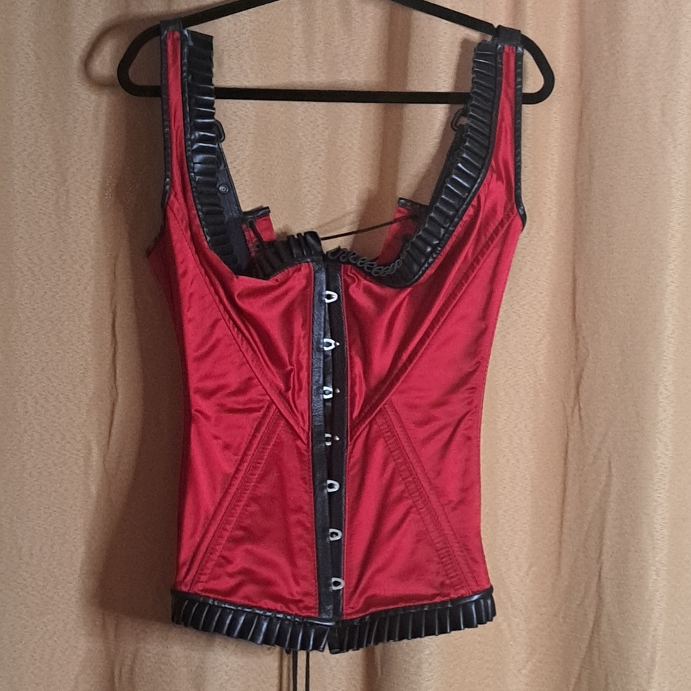 Red Satin and Black Leather Corset. XL. Worn Once